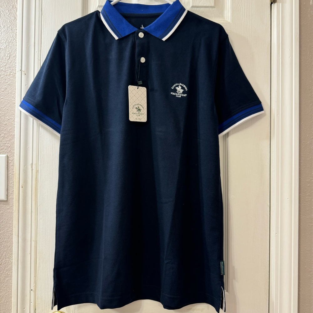 NWT Santa Barbara Polo & Racquet Polo Club, Collared Short Shirt, Blue, Large
